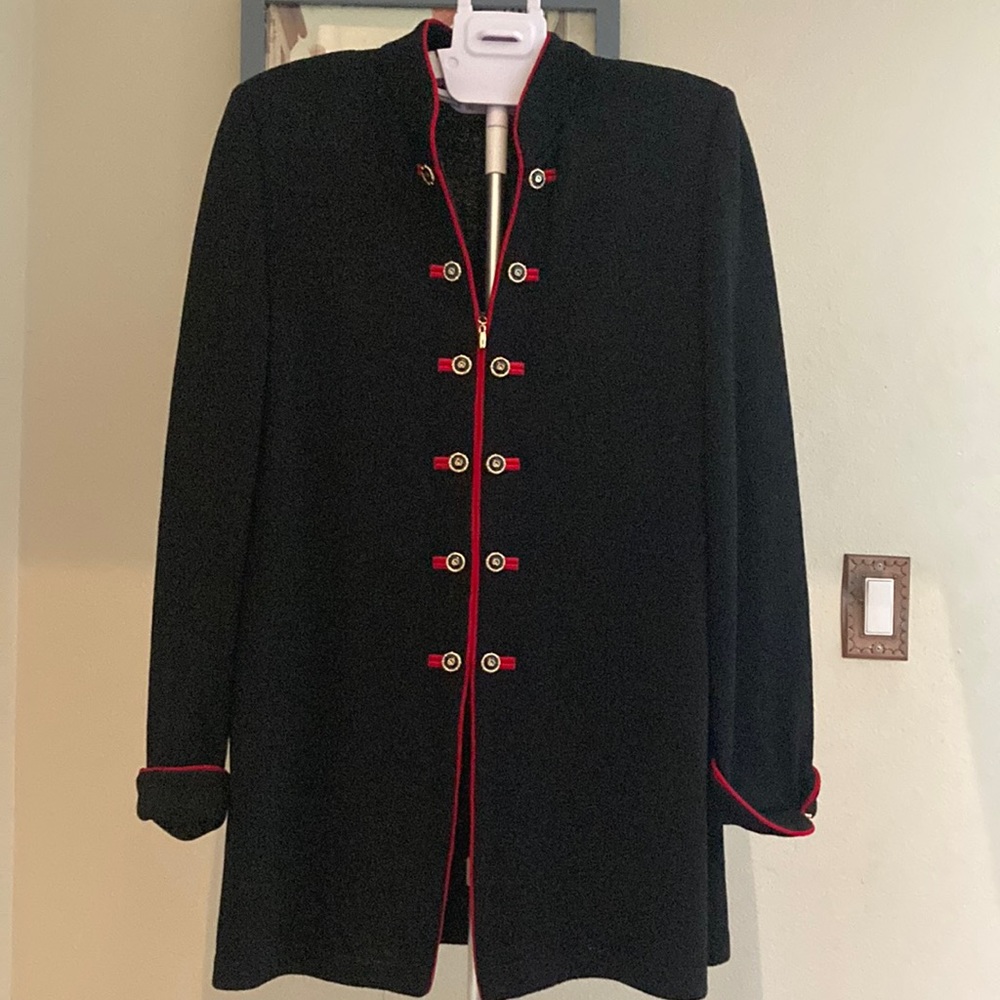St. John. Vintage Zip Up Navy Sweater With Red Trim and Gold Buttons.